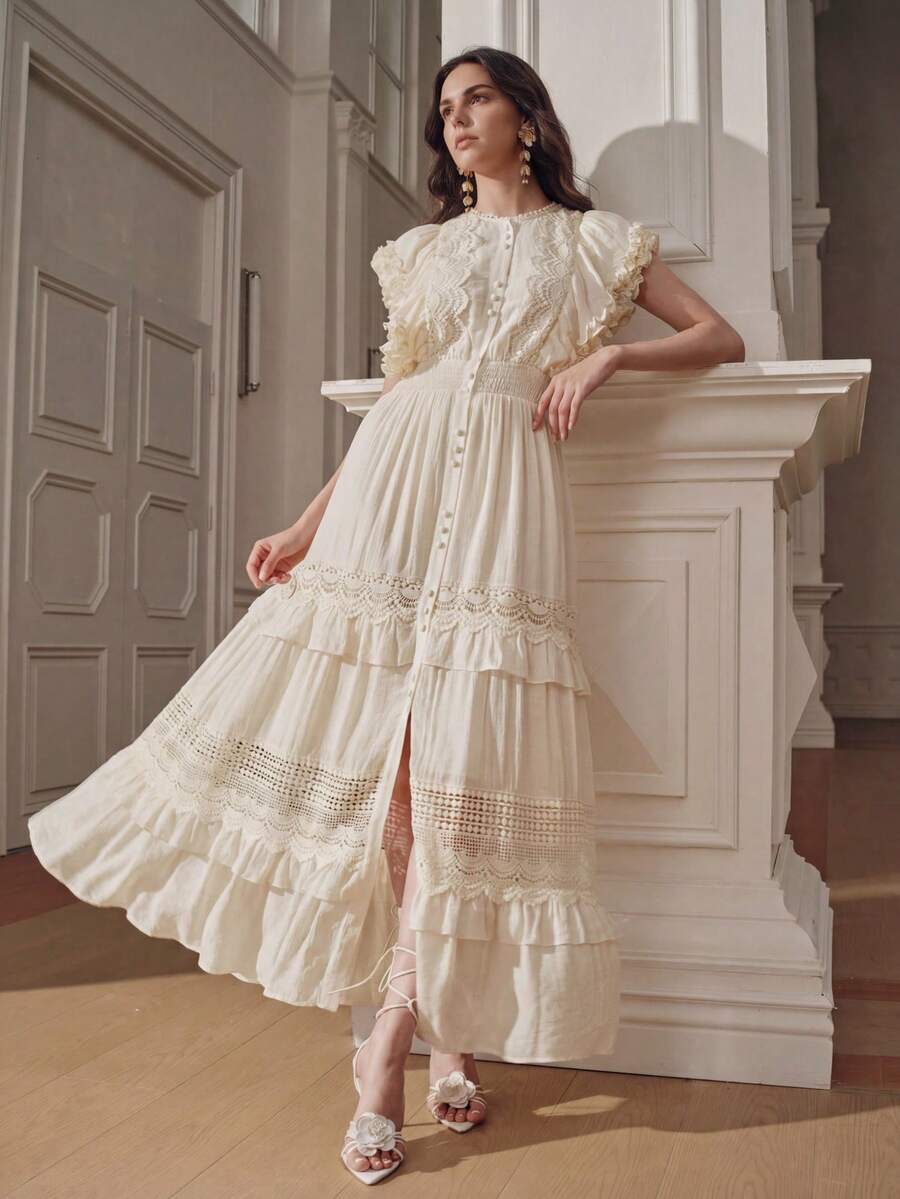 Anewsta Vestido de mujer con cuello de pie, encaje, volantes en la cintura y capas de color marfil - Beis - Ver 1
