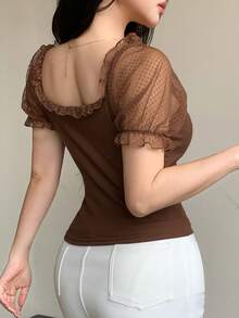 Joudiya 夏季波點透視網紗 T-shirt 棕色蕾絲上衣 婚禮派對修身顯瘦優雅短袖女款上衣 - 棕色 - 查看 5