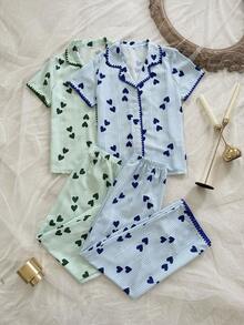 Dream Adore Set Piyama Lengan Pendek Kerah Kasual Motif Garis Hati 4 Potong dengan Tepi Bergelombang - MultiWarna - View 3