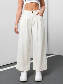 SHEIN Tall CURVE 大尺碼休閒百搭素色寬腿牛仔褲 - 白色 - 查看 7