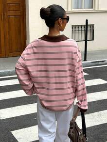 Muchica 女款粉色條紋拼色休閒學院風百搭日常T恤 開學季秋季校園穿搭 - 彩色 - 查看 2