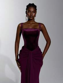 Elitara Elegantes minimalistisches Mode-Abendkleid für Damen in Dunkellila, elastisches Mesh, Neckholder, Samt, figurbetont, plissiert, lang, formell - Bordeaux - Übersicht 3