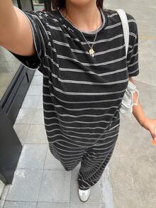SHEIN EZwear 大尺碼女款條紋拼接短袖上衣與長褲休閒日常兩件套 - 黑色 - 查看 5