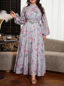 Modelyn 大码女式印花褶皱优雅收腰派对连衣裙 - 淺灰色 - 查看 6