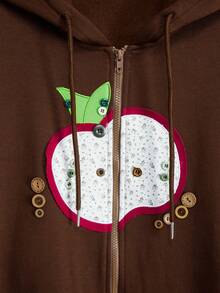 ROMWE Avant Y2K Retro Spring/Summer All-Match Versatile Apple Patchwork Floral Embroidery Button Decor Plus Size Sweatshirt - Brown - View 2