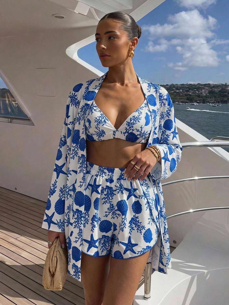 Firerie Women's Daily Elegant Tropical Beach Vacation Music Festival Fashion Leopard Print Lingerie Loose Jacket And High-Waisted Loose Shorts 3 Pieces Set
