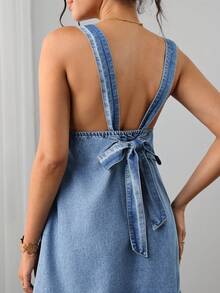 Momance Maternity Back Tie Design Casual Daily Wear Denim Washed Dress Fall - Light Wash - View 4