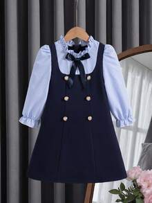 Elladie kids Girls' Spring/Autumn Collar 2 In 1 Top With Blue Striped Front Neckline, 3D Woven Ribbon Bow, Navy Blue Back To School Clothes  Preppy School Dress - Blue - View 6
