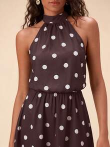 Travachic Women's Polka Dot Pleated Casual Elegant Daily Outing Halter Neck Dress Birthday Brown And White Polka Dot Summer - Coffee Brown - View 7