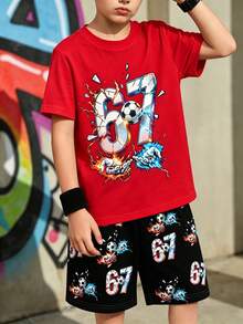 2026新款青少年男孩夏季足球印花短袖套裝，酷炫67號火焰閃電設計紅色T恤搭配黑色短褲2件組，帥氣休閒外穿，青少年男孩校園日常運動百搭風格，活力2件組 - 彩色 - 查看 6