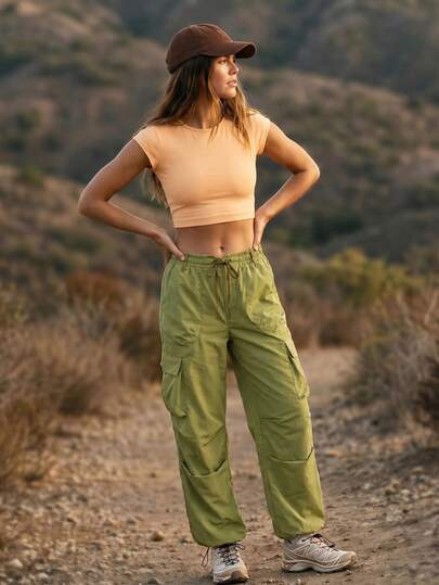 WanderVale Women's Drawstring Waist Cargo Pocket Pleated Outdoor Long Pants,Sportswear,Gym,Fitness,Workout,Yoga,Fall