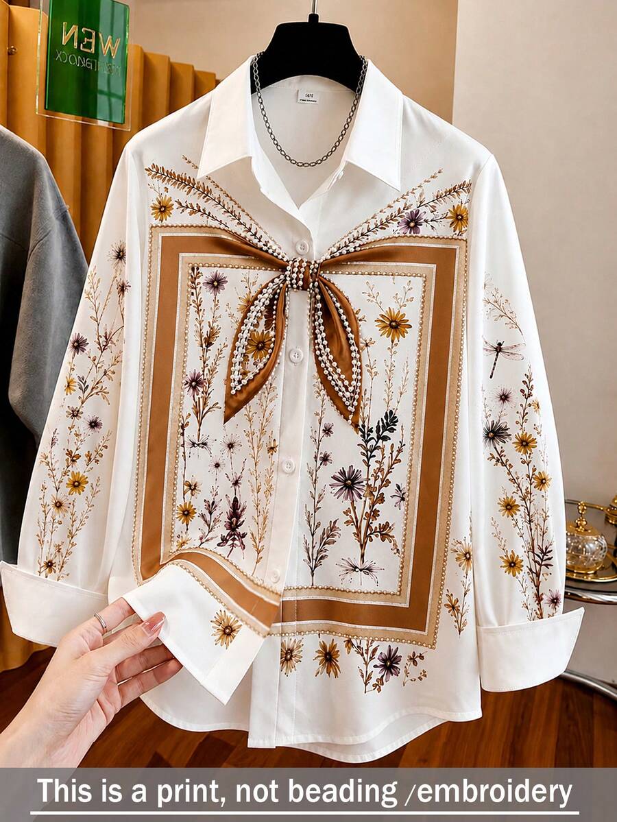 SHEIN 1件女童休閒長袖鈕扣領襯衫，胸前與袖口刺繡，秋季款 - 白色 - 查看 1