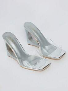 MUSERA Metallic Cut Out Wedge Perspex Strap Heeled Sandals Spring Summer Vacation Sexy Holiday Accessory Festival Ibiza Elegance - Silver - View 3