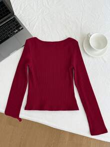 Tween Girl Tween Girls T-Shirts Ribbed Crew Neck Elastic Slim Fit All-Match Versatile Simple Long Sleeve T-Shirt, Comfortable - Burgundy - View 4