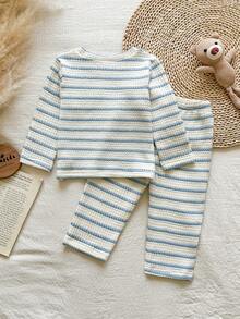 SHEIN Baby Boy Striped Waffle Knit Set, Cute Teddy Bear Pocket Long Sleeve T-Shirt & Pants 2pcs Outfit, Infant Toddler Casual Autumn - Baby Blue - View 4
