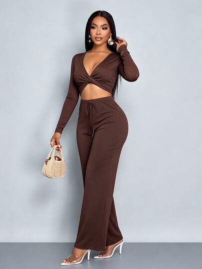 SOLERSUN Women's Deep V Neck Twist Front Long Sleeve Crop Top & Drawstring Wide Leg Pants Two Pieces Set