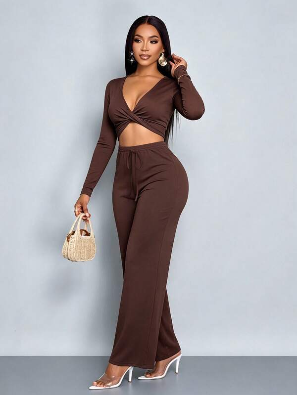 SOLERSUN Women's Deep V Neck Twist Front Long Sleeve Crop Top & Drawstring Wide Leg Pants Two Pieces Set