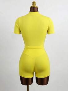 Mistrie Women's Solid Color Zipper Placket Short Sleeve T-Shirt And Shorts Sports Set - Yellow - View 2
