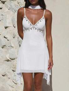 Aloruh Women's Vacation Shell Trim Spaghetti Strap Mini Dress - White - View 7
