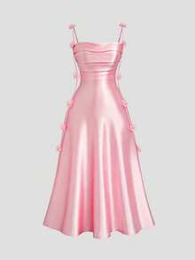Sweetra Plus Size Women's French Gentle Style Pink Satin 3D Floral Spaghetti Strap Maxi Dress, Elegant Waist-Cinching Fitted Strapless Evening Gown For Date And Dinner, Sexy Elegant Sleeveless Summer Dress - Pink - View 4