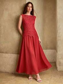 MOTF PREMIUM WOMEN'S SUMMER ELEGANT ROMANTIC STYLE SOLID COLOR PATCHWORK WATER-SOLUBLE LACE SLEEVELESS DRESS - Red - View 6