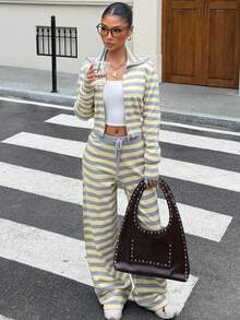 Muchica Women's Light Yellow Colorblock Zipper Long Sleeve Top And Pants Casual Back-To-School Knit Set School Night Autumn - Multicolor - View 6