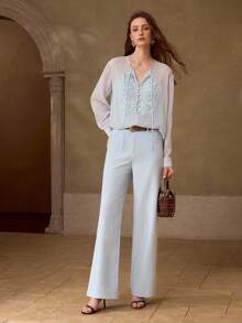MOTF PREMIUM CHIFFON EMBROIDERY FLORAL TIE NECK SEMI-SHEER TOP - Blue - View 3