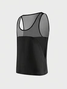 FeverCity Men's Solid Color Contrast Mesh Crew Neck Casual Tank Top - Black - View 3