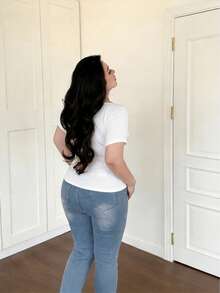 Vibekara Plus Size Fashion Versatile Hot Girl Solid Color Lace Patchwork Square Neck Short Sleeve Slimming T-Shirt Office Birthday White Summer Elegant - White - View 2