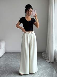SHEIN Elenzya Celana Setelan Wanita Elegan Terbaru, Kasual, Desain Pinggang Tinggi, Resleting Samping, Pola Kancing Dekoratif, Kaki Melebar, Cocok untuk Dipakai di Musim Semi dan Gugur. Warna Solid Blok, Rantai Logam, Mode Minimalis untuk Berpergian ke Kantor - Aprikot - View 6