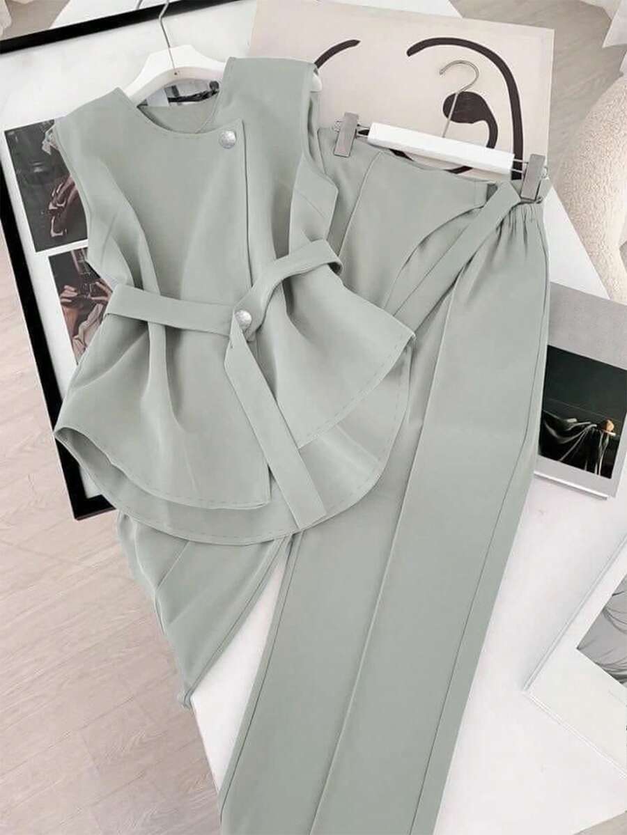 GlowEve Conjunto de top de tirantes y pantalones de unicolor con cinturón, estilo casual de verano - Verde - Ver 1