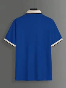 Calvornis 男士珠飾羅紋領刺繡短袖休閒 Polo 衫 - 寶藍色 - 查看 6