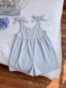 SHEIN Tween女孩復活節夏季藍色蝴蝶結肩帶連身褲休閒日常百搭 - 藍色 - 查看 3