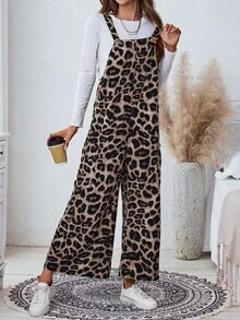 Comfylo Plus Size Leopard Print Wide Leg Jumpsuit - Brown - View 4