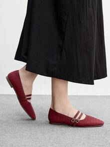 CUCCOO BIZCHIC 女款編織雙扣方頭平底瑪麗珍鞋，復古法式軟底鞋，舒適百搭，適合日常通勤 - 酒紅色 - 查看 3