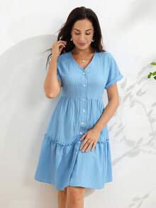 SHEIN 純色V領短袖單排扣荷葉邊下擺洋裝 - 藍色 - 查看 6