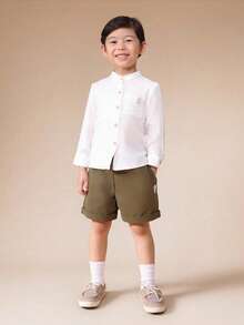 SUMWON Boys White Grandad Collar Button Front Shirt And Olive Green Shorts Casual Two Piece Coordinated Set For Everyday Wear Spring Summer Outfit - Apricot - View 5