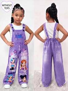 Mono de peto para niñas jóvenes con estampado de denim, detalle de cadena y estampado divertido de letras, atuendo de moda para volver a la escuela, primavera verano otoño, arcoíris púrpura - Morado - Ver 1