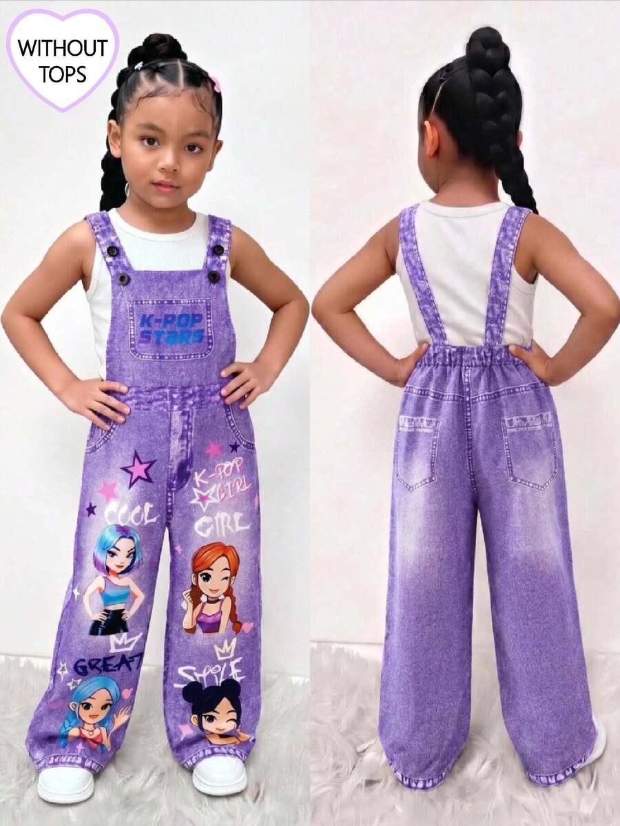 Mono de peto para niñas jóvenes con estampado de denim, detalle de cadena y estampado divertido de letras, atuendo de moda para volver a la escuela, primavera verano otoño, arcoíris púrpura - Morado - Ver 1