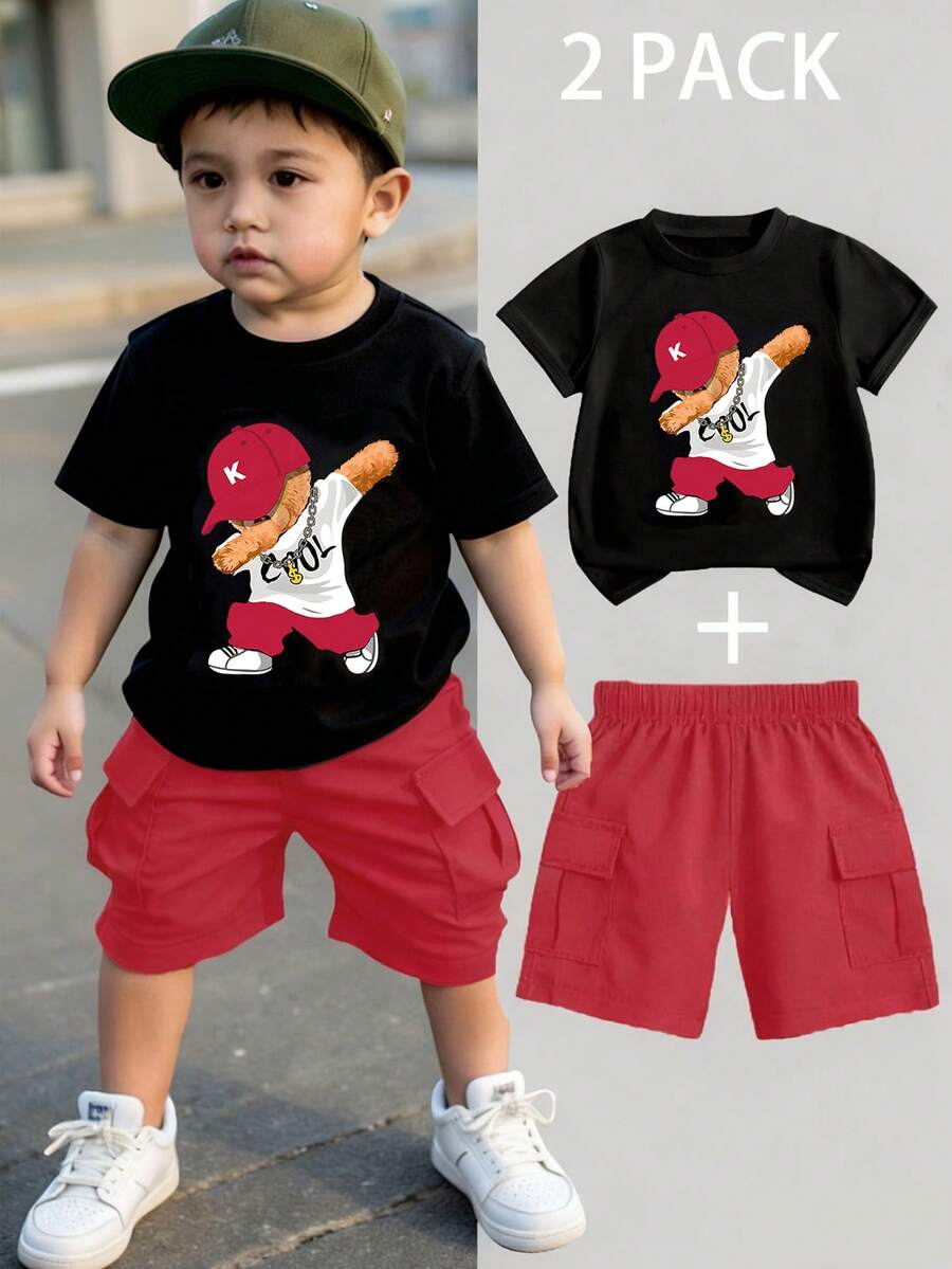 SHEIN 1 Set Young Boys Casual Cartoon Bear Print Short Sleeve Crew Neck T-Shirt And Cargo Shorts Set, Suitable For Outdoor Street Wear, Spring/Summer - Burgundy - View 1