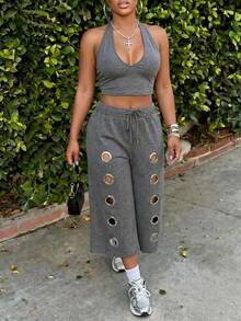 Slaydiva Women's Dark Gray Faux Snowflake 2-Piece Set, Deep V-Neck Backless Cropped Top With Hollow-Out Wide Leg Pants, Street Style Outfit-B - Dark Grey - View 4
