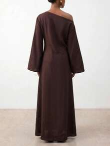 Zivah Women's Solid Color One Shoulder Waist Knot Casual Elegant Party Dinner Vacation Travel Long Dress Brown Autumn - Brown - View 2
