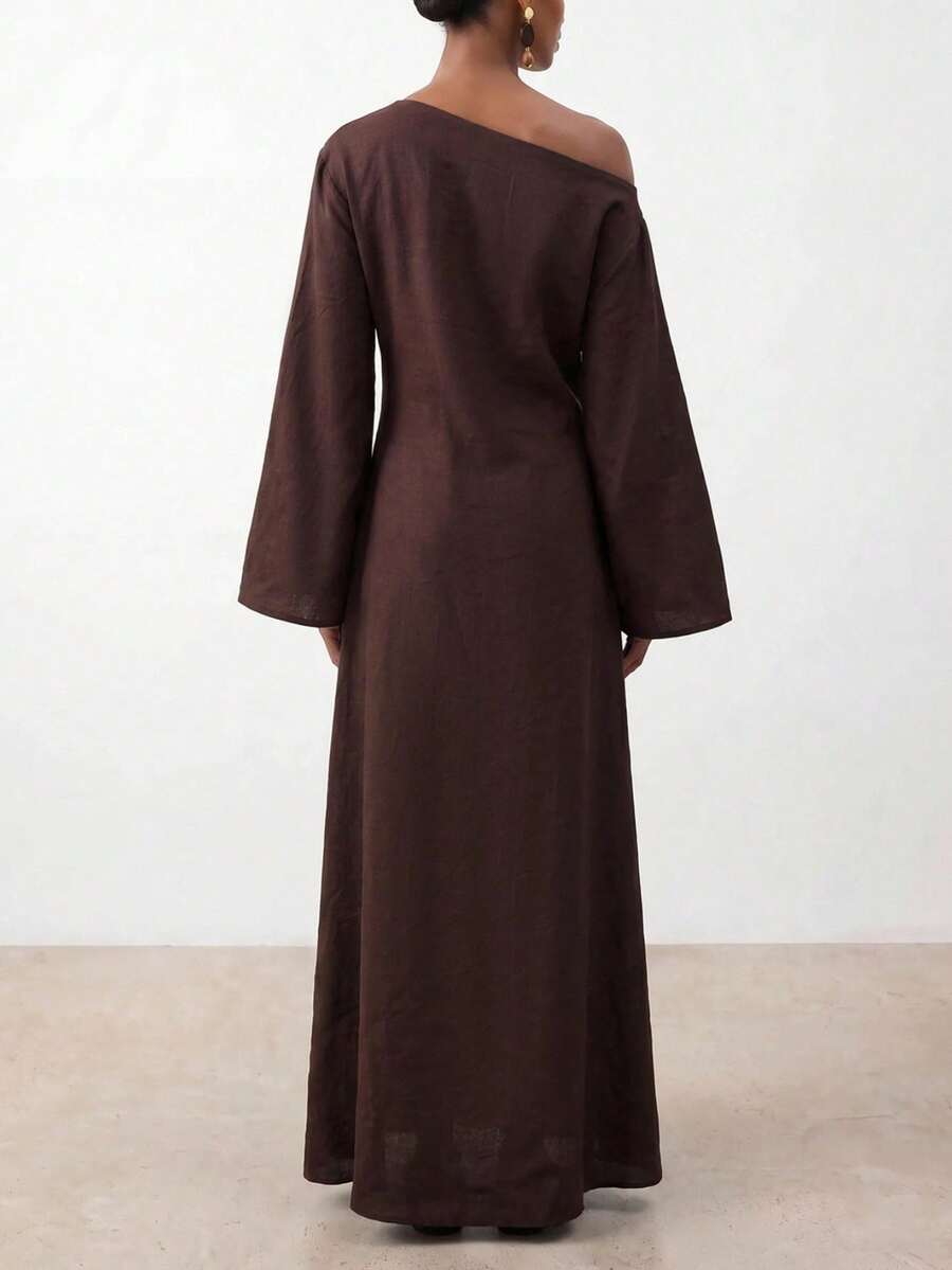 Zivah Women's Solid Color One Shoulder Waist Knot Casual Elegant Party Dinner Vacation Travel Long Dress Brown Autumn