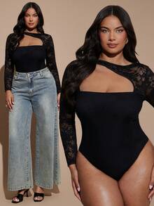 SHEIN BAE CURVE 大尺碼女款黑色蕾絲拼接長袖連身衣，優雅性感連身衣 - 黑色 - 查看 9
