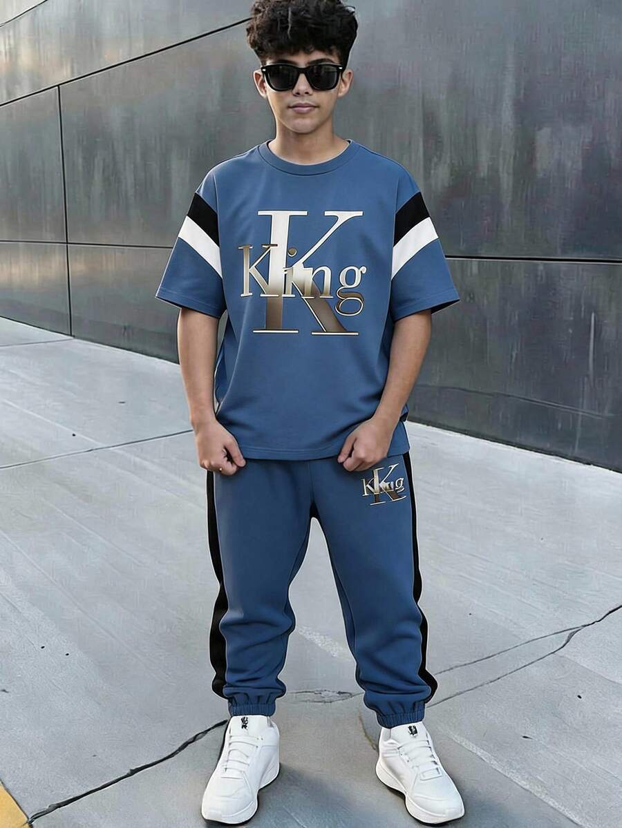 SHEIN 2件組 青少年男孩休閒舒適極簡圓領短袖T恤與長褲套裝,兒童2件套男孩套裝,青少年男孩服飾套裝 - 彩色 - 查看 1
