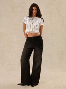 Easelle White Polka Dot Lace Patchwork Cropped T-Shirt For Women - Black and White - View 6