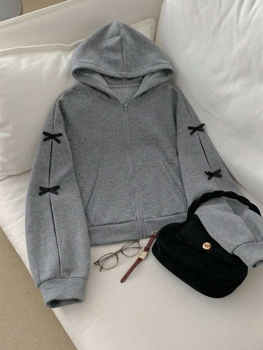 DAZY 女款灰色連帽衛衣,蝴蝶結裝飾,保暖內裡,甜美休閒風,秋季 - 灰色 - 查看 1