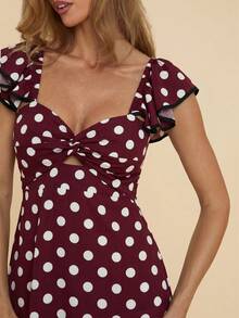 COSMINA Women's Elegant Romantic Vintage White Polka Dot Twist Knot Ruffle Mini Dress, All Season, Versatile For Valentine's Day Date Tea Party, Vacation - Burgundy - View 6