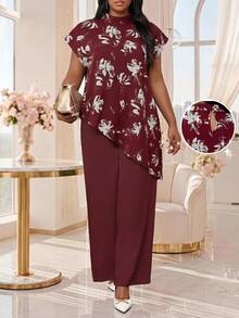 SHEIN Lady 大码不对称下摆宽松短袖上衣和阔腿裤两件套 - 彩色 - 查看 7