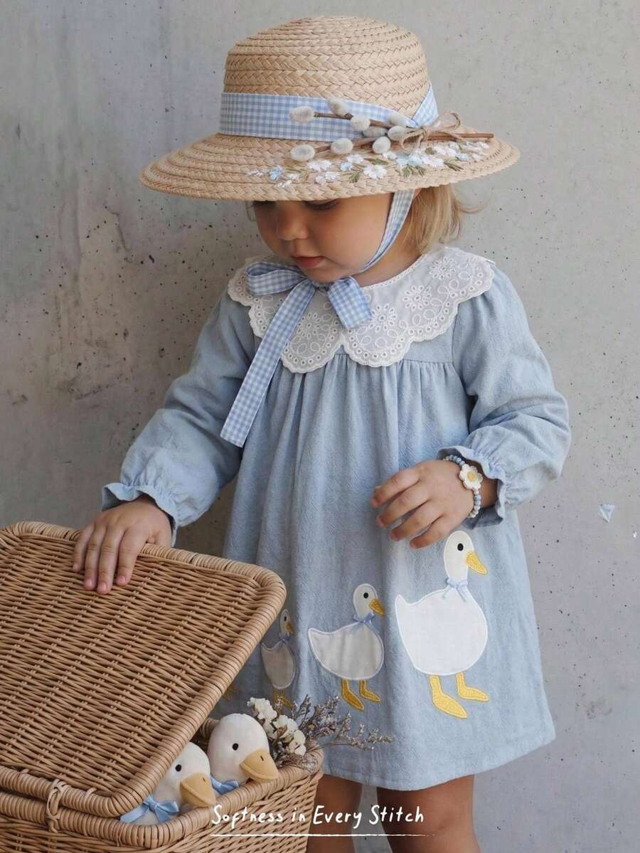Cozy Pixies Baby Girl Contrast Color Ruffle Collar Embroidered Cartoon Pattern Long Sleeve Dress Versatile Comfortable - Blue - View 1